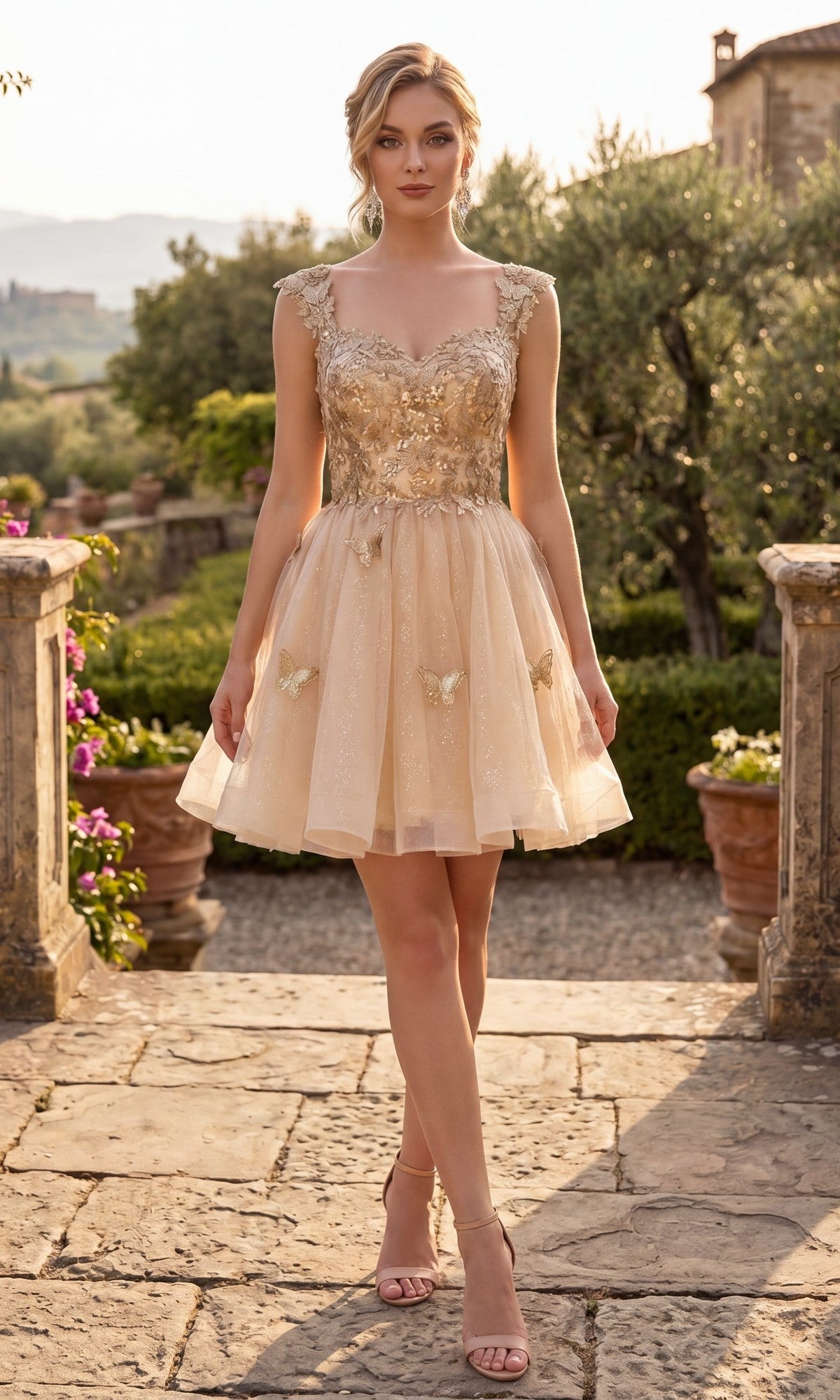 A woman stands outdoors in a stone courtyard, wearing the Chicas C330 short homecoming dress in champagne, featuring a sleeveless design with gold floral lace appliques and an elegant a-line tulle skirt, paired with nude heels.